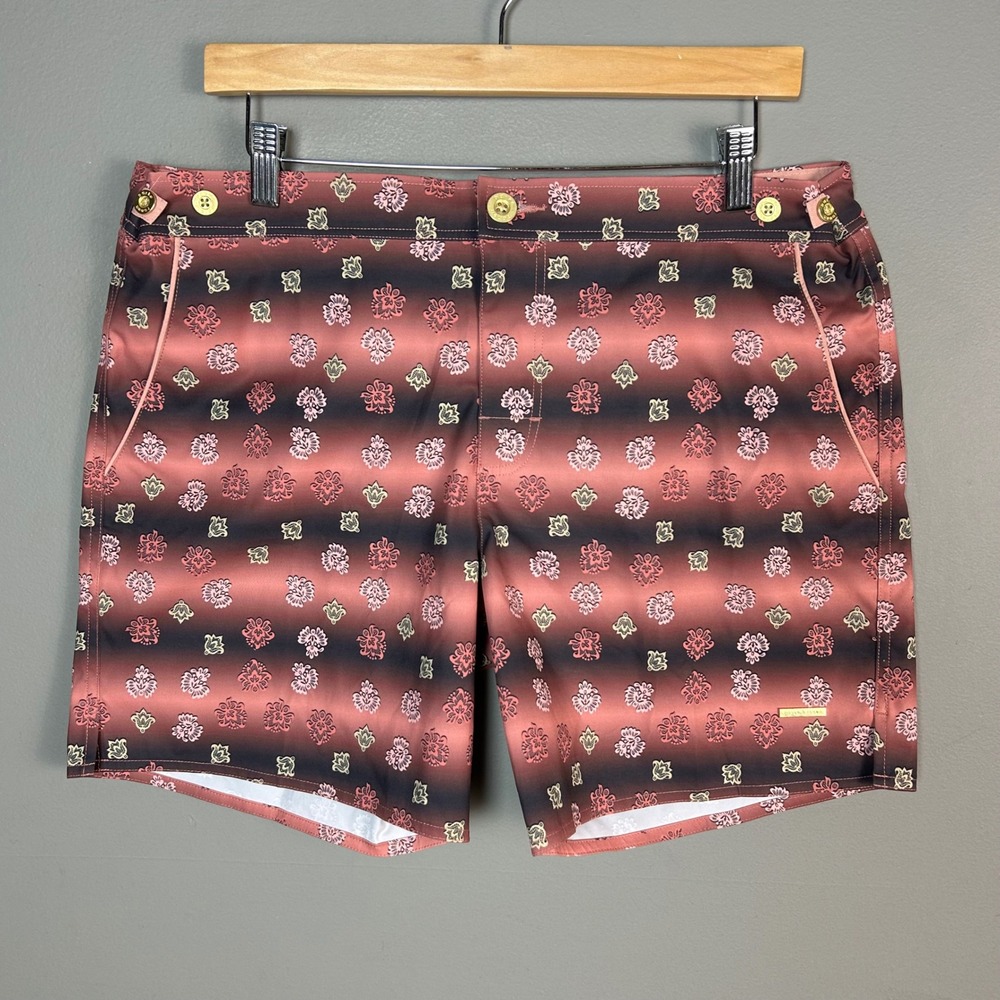 Parke & Ronen Catalonia Swim Trunks 34 Burgundy Marquetry Floral 6" Stretch NWT